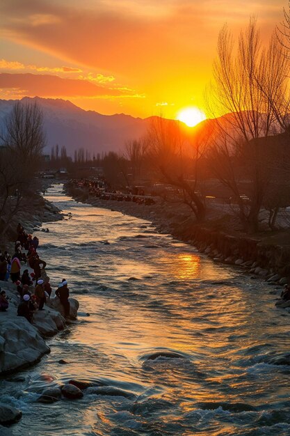 een serene zonsondergang bij een rivier tijdens Nowruz