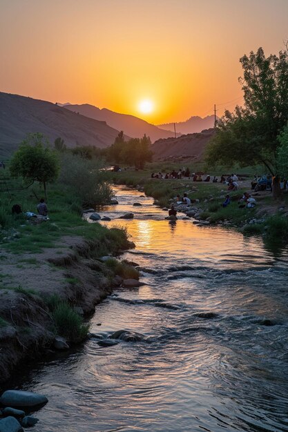 een serene zonsondergang bij een rivier tijdens Nowruz