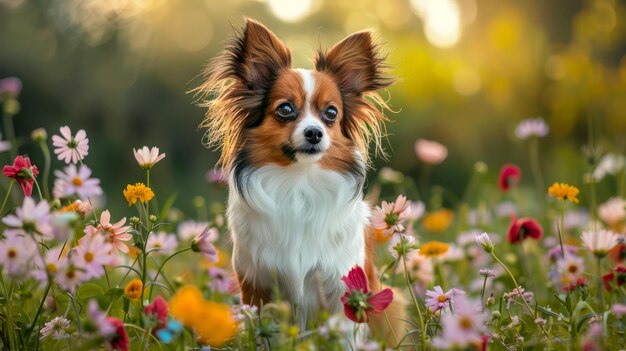 Een serene zonsondergang met een schattige papillonhond die geniet van een kleurrijke veldbloemenweide