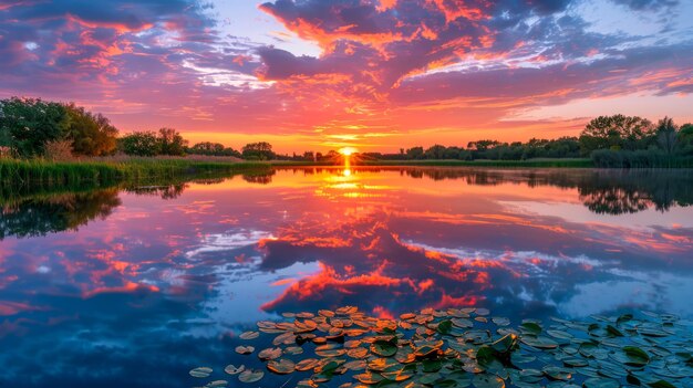 Een serene zonsondergang met levendige kleuren en reflecties op rustig water omringd door de natuur