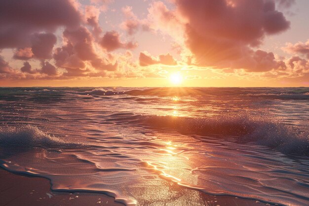 Een serene zonsondergang op het strand met golven die zachtjes lappen.