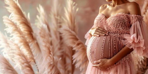 Een serene zwangere vrouw in een vloeiende pastelkleed staat tussen zacht pampas gras belichaming gratie en de natuurlijke gloed van het aanstaande moederschap