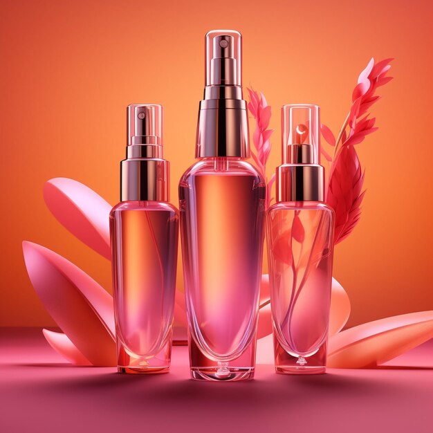 een serie flesjes parfums met bladeren en bloemen op de achtergrond.