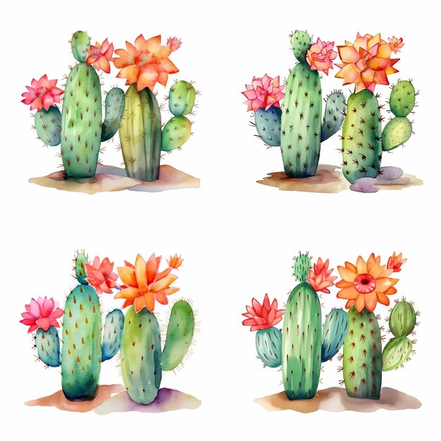 Een serie foto's van cactussen en bloemen.