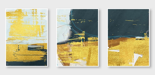 Een serie van drie schilderijen abstracte gouden achtergrond de mode van moderne kunst in de muur