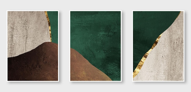 Een serie van drie schilderijen abstracte gouden achtergrond de mode van moderne kunst in de muur