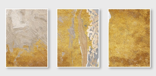 Een serie van drie schilderijen abstracte gouden achtergrond de mode van moderne kunst in de muur