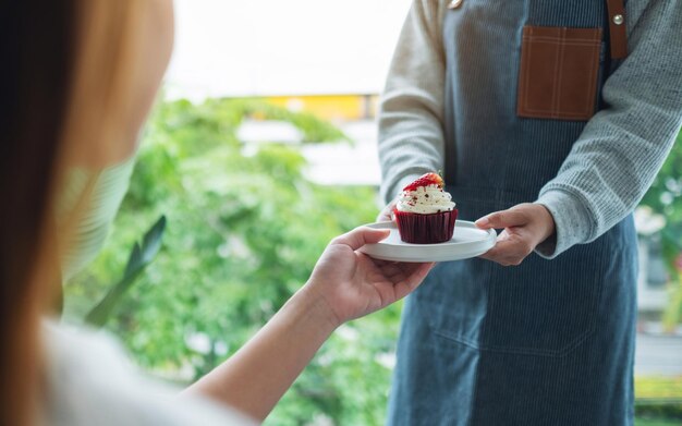 Een serveerster die een stuk roodfluwelen cupcake vasthoudt en serveert aan de klant