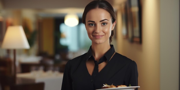 Een serveerster in een speciaal uniform staat in een restaurant met een schotel Generatieve AI