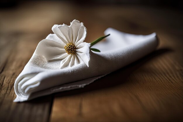 Een servet met een sierlijke bloem erop, zittend op een houten tafel