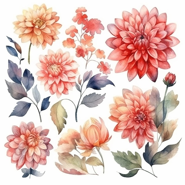 Een set aquarel bloemen met bladeren