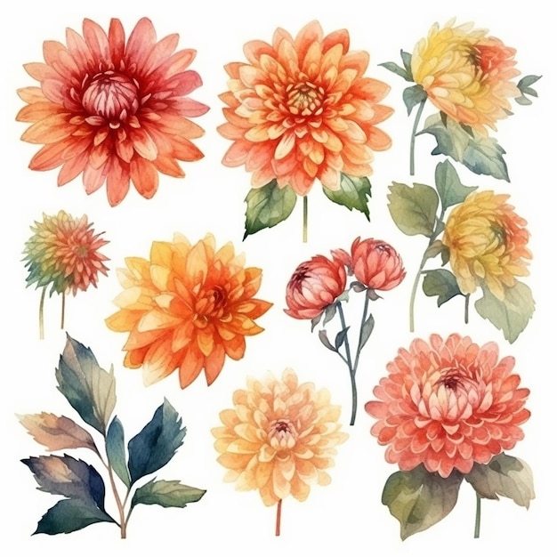 Een set aquarel bloemen met bladeren