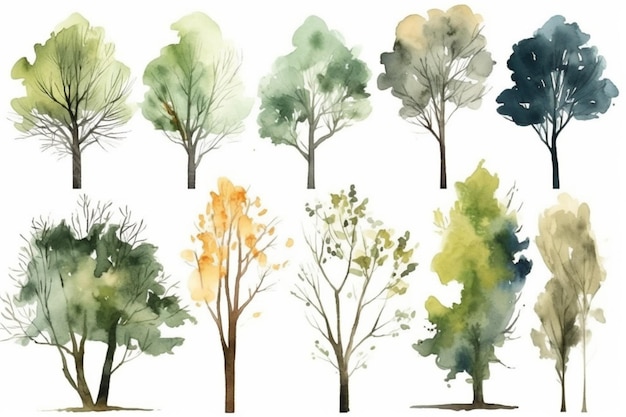 Een set aquarel bomen op een witte achtergrond