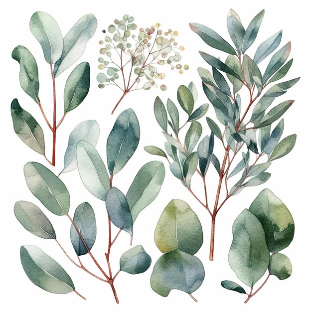 Foto een set aquarel botanische illustraties eucalyptus groene plant en bladeren