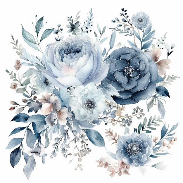 Een set aquarel stoffige bloemen met bladeren en bloemen