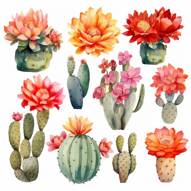 Een set aquarelcactus en bloemen.