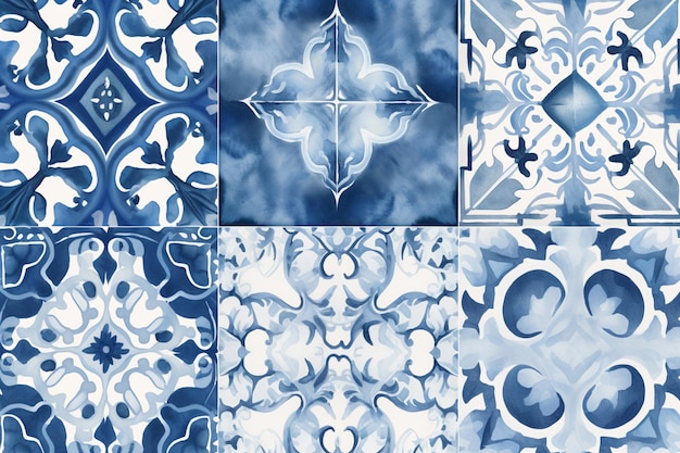 Een set blauwe en witte tegels met een patroon van verschillende vormen.