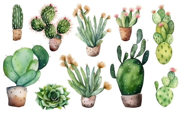 Een set cactusillustraties met een aquarelstijl.