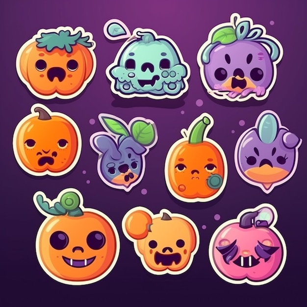 Een set cartoon halloween-stickers met verschillende gezichten generatieve ai