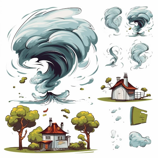 Foto een set cartoon illustraties van een huis en een storm generatieve ai