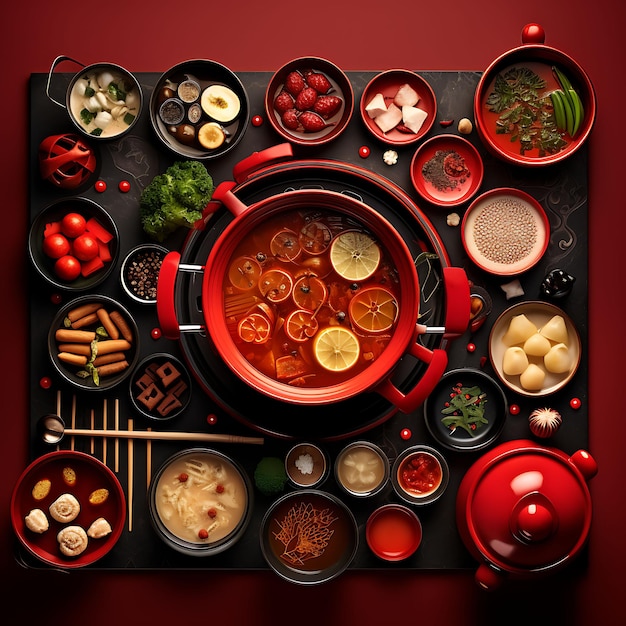 Een set Chinese Hot Pot Restaurant Electric Hot Pots Ladles en Stra Background Decor Ideas Art