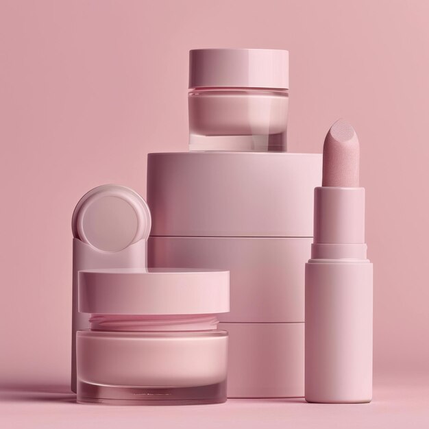 Foto een set cosmetica in matte roze tinten zonder merk staat op een minimalistische roze achtergrond