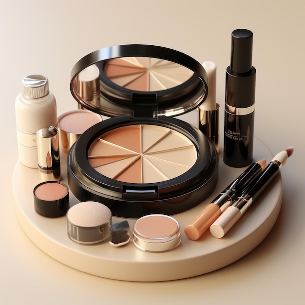 Een set cosmetica met make-updoos en accessoires