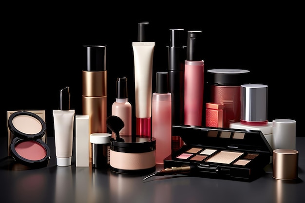 Een set cosmetische producten borstels lippenstift mascaras op een eenvoudige gekleurde achtergrond