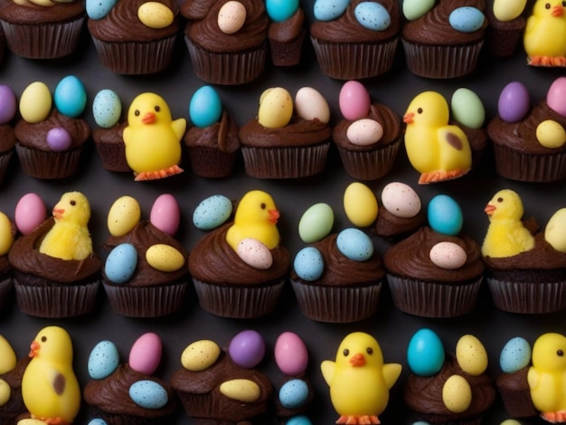 Een set cupcakes versierd met Easter-thema toppings zoals mini-eieren konijnen of kuikens weergegeven tegen een donkere technologische achtergrond