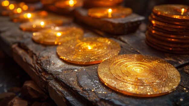 Foto een set esoterische runen gemaakt van glinsterend goud waarvan wordt aangenomen dat ze de geheimen bevatten van alchemische