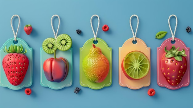 Een set etiketten voor fruit en bessen op een blauwe achtergrond etiketten met tekeningen van fruit een sjabloon voor uw product illustratie