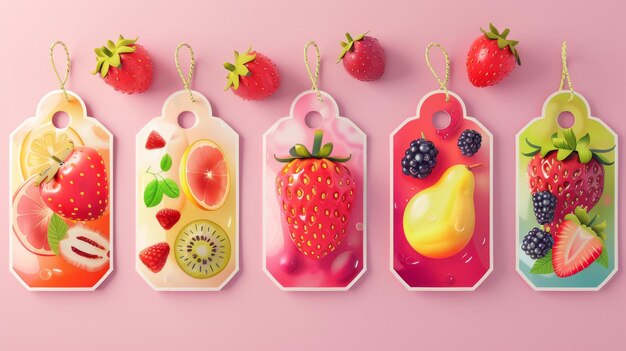 Een set etiketten voor fruit en bessen op een roze achtergrond etiketten met tekeningen van fruit een sjabloon voor uw product illustratie