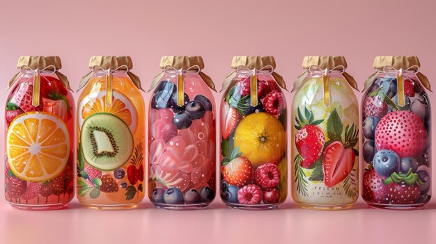 Een set etiketten voor fruit en bessen op een roze achtergrond etiketten met tekeningen van fruit een sjabloon voor uw product illustratie