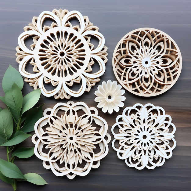 Een set frame van Laser Cut Mandala Paper met ingewikkelde Laser Cut Manda 2D Flat op White BG Art