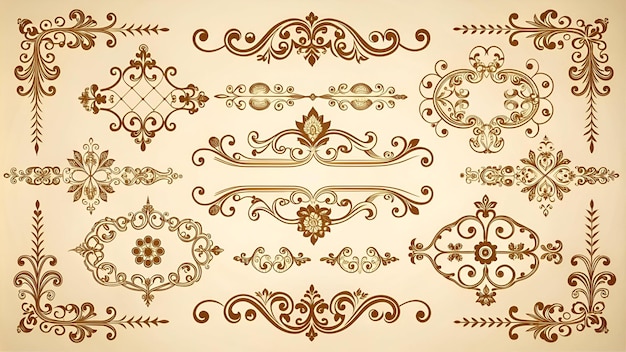 een set gouden en witte ontwerpelementen op een beige achtergrond