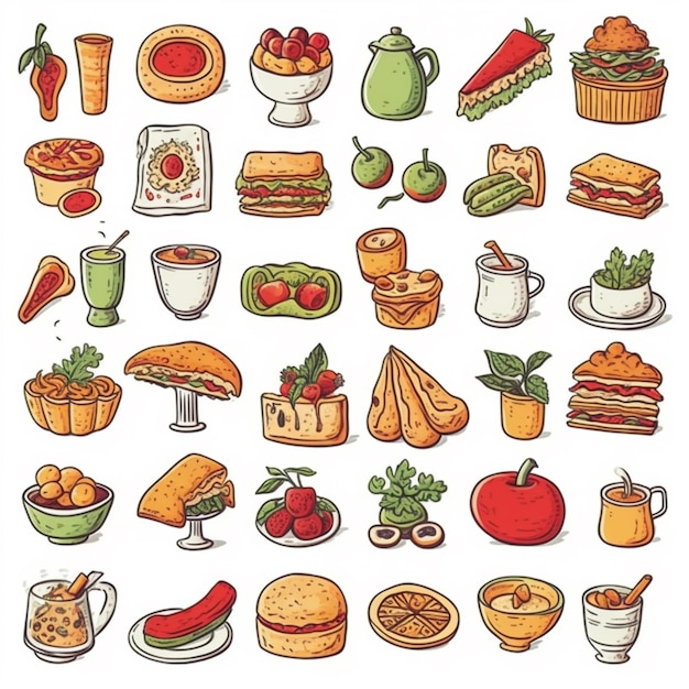 een set iconen voor eten en drinken in een generatieve ai cartoon-stijl