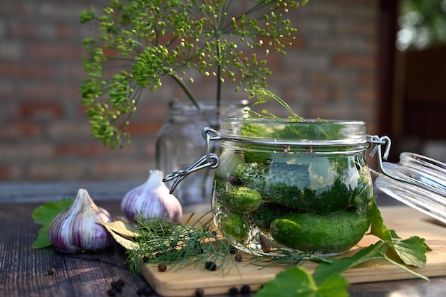 Een set ingrediënten voor het beitsen van komkommers gepekelde komkommers pekel