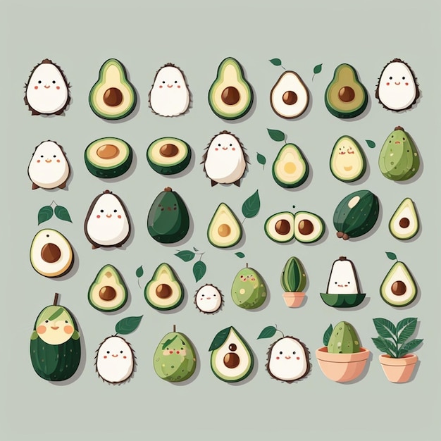 Foto een set kawaii avocado ontwerpen ai gegenereerd