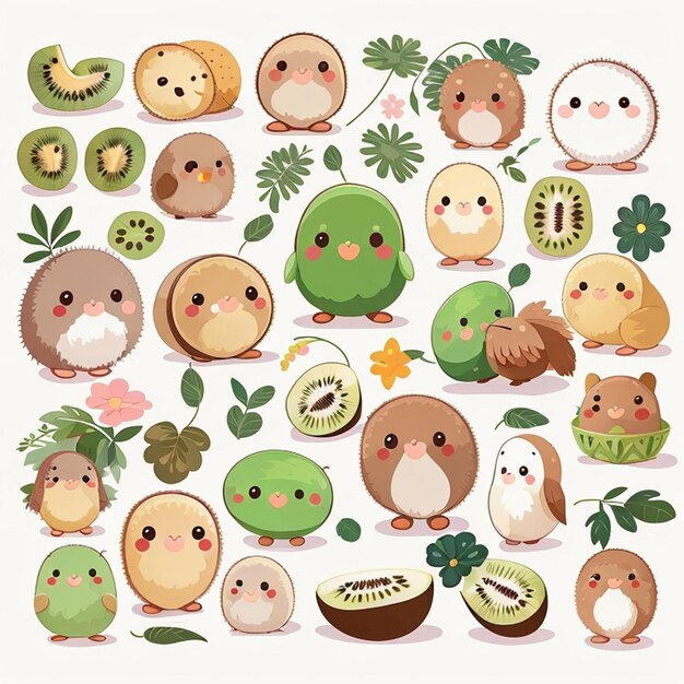 Foto een set kawaii kiwi ontwerpen ai gegenereerd