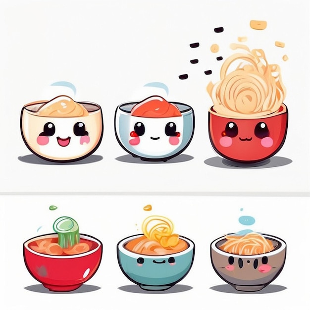 een set kawaii ramen-ontwerpen die door AI zijn gegenereerd