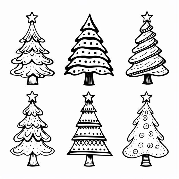een set kerstbomen getekend in zwart-wit generatieve ai