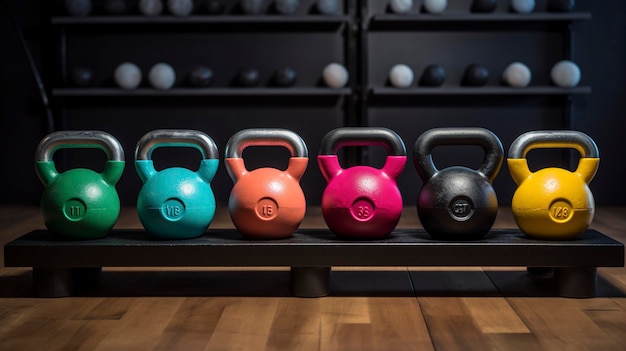 Een set kleurrijke kettlebells gerangschikt op een gewicht rack