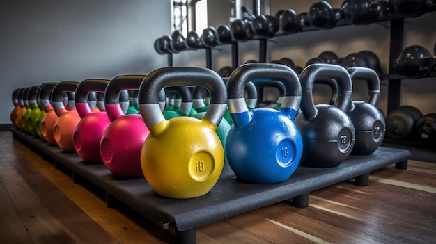 Een set kleurrijke kettlebells gerangschikt op een gewicht rack