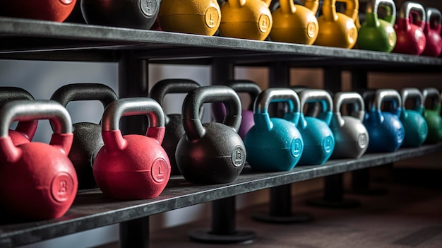 Een set kleurrijke kettlebells gerangschikt op een gewicht rack