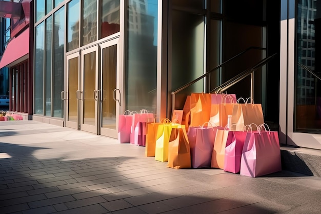 Een set kleurrijke winkelzakken met handgrepen Papierwinkeltassen close-up Winkeldagen