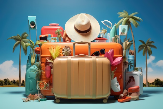 Een set koffers en accessoires voor de zomervakantie op een blauwe achtergrond