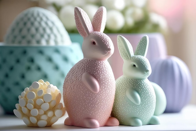 Een set konijnenbeeldjes met een roze en blauw paasei.