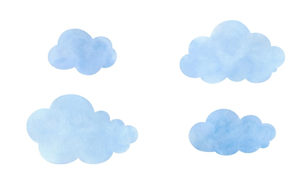 Een set lichtblauwe aquarelwolken Handgetekend De textuur van verf op papier