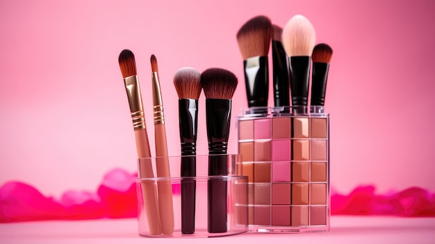 Een set make-upborstels met een roze achtergrond