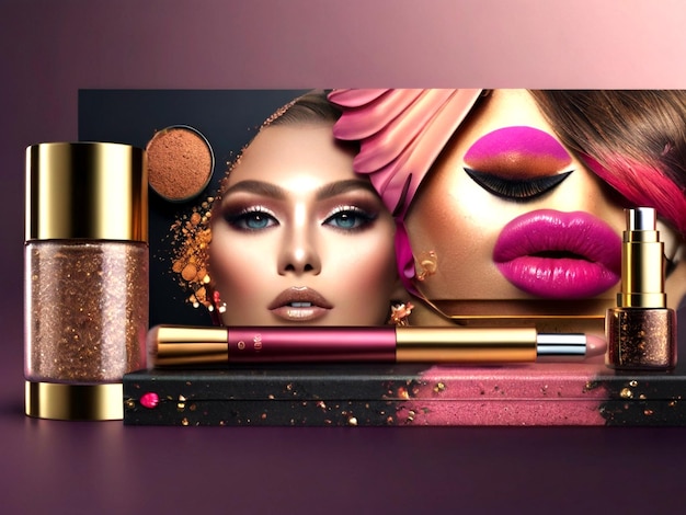 een set make-upproducten, waaronder roze lippenstift en roze lympenstift